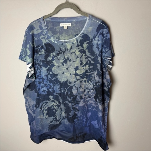 Coldwater Creek Top Plus Size 1X Blouse Short Sleeves Floral Blue Green Casual - Picture 2 of 7